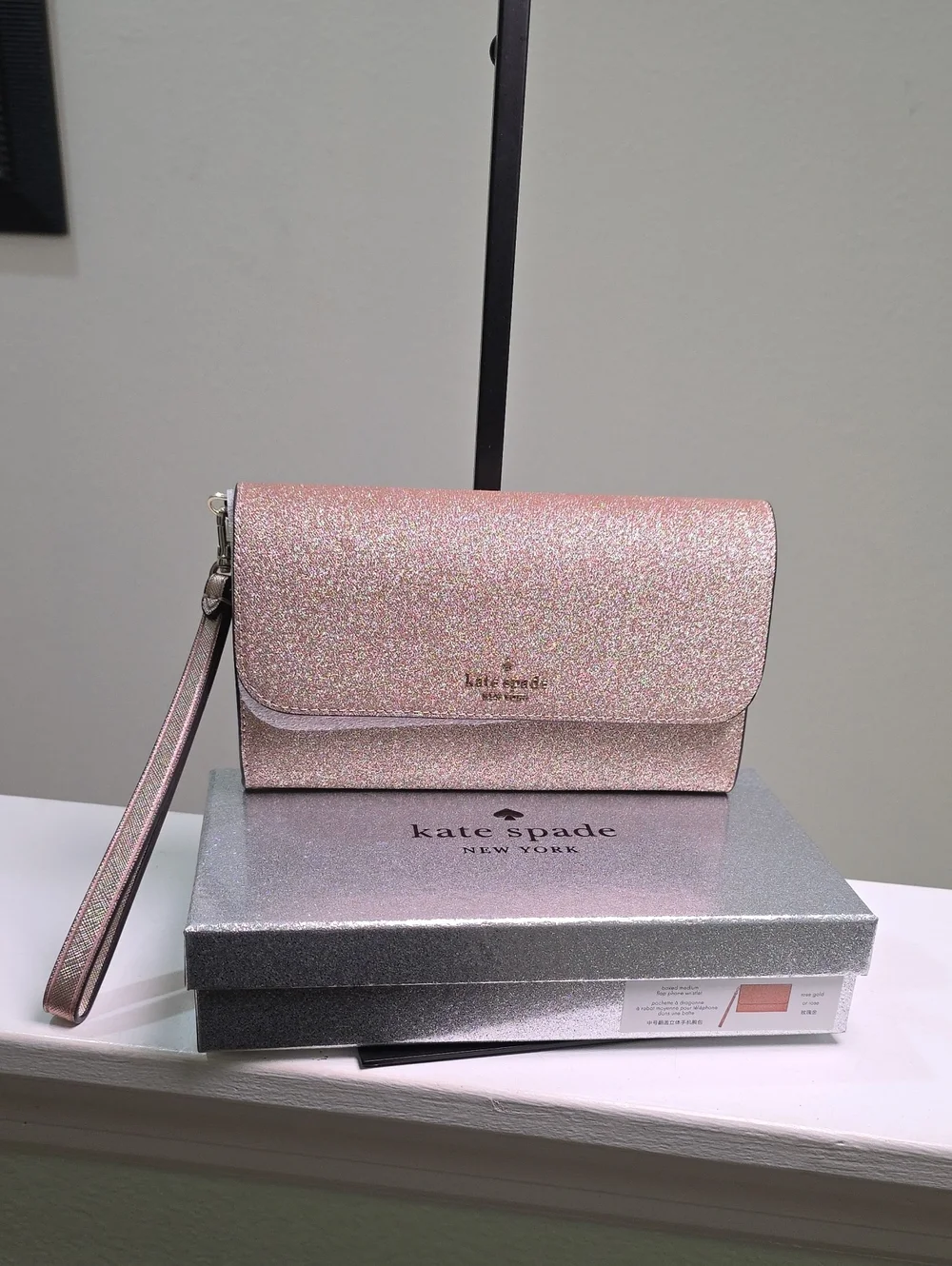 Kate Spade New In Box Rose Gold Glitter Medium Flap Phone Wristlet NWT
